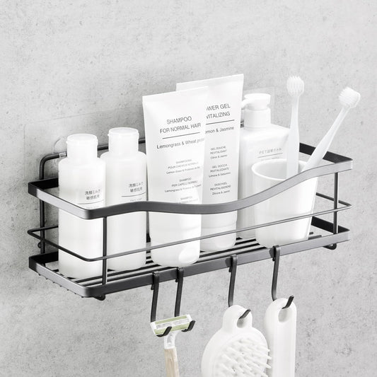 Shower Shelves 2-Pack - Premium Self Adhesive Shower Caddy W/ 4 Hooks - No Drill Large Capacity Stainless Steel Wall Shelf - Easy Mount Bathroom Organizer Racks - Black