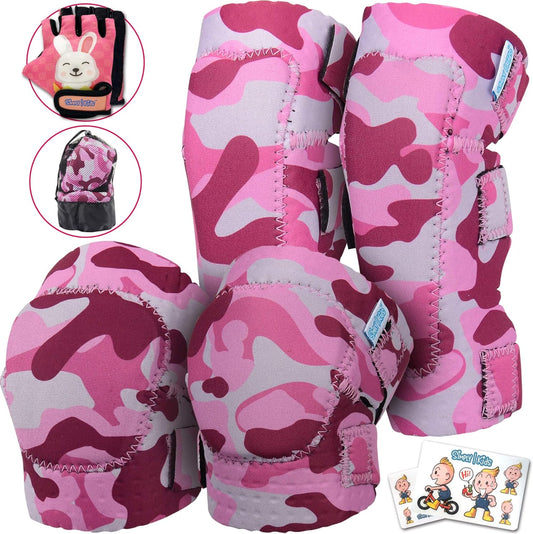 Knee and Elbow Pads with Bike Gloves - Comfortable Toddler Protective Gear Set for Roller-Skating Skateboard - Bike Knee Pads for Children Boys Girls 2-4 4-8 8-11