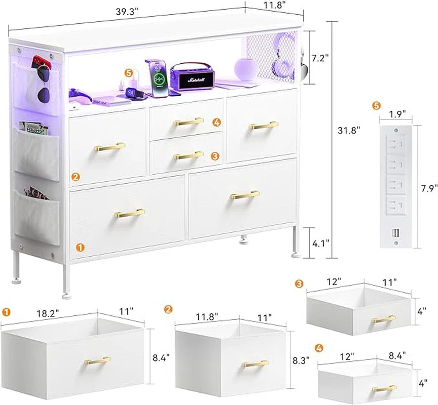 Dresser for Bedroom White TV Stand with Power Outlets and LED Light Fabric 6 Drawer Dresser Erville