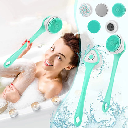 Electric Body Bath Brush for Exfoliating & Massage, 5-In-1 Back Brush Long Handle for Shower Body Clean, Rechargeable Body Spin Scrubber with 5 Rotating Brush Heads