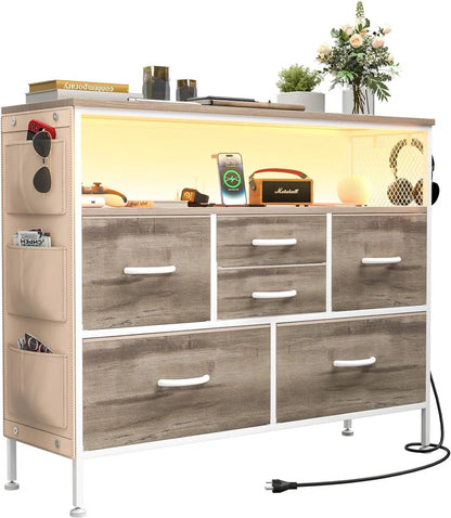 Dresser for Bedroom White TV Stand with Power Outlets and LED Light Fabric 6 Drawer Dresser Erville