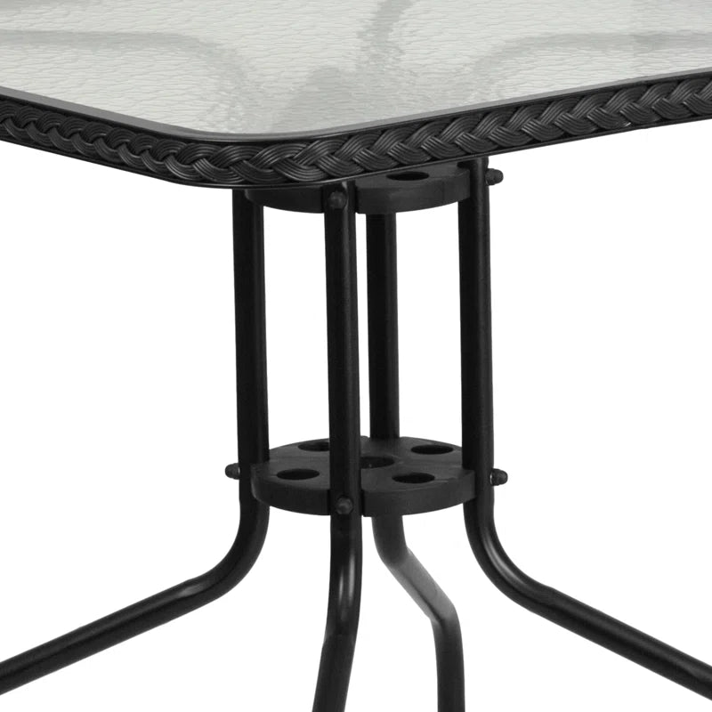 Amlie 28'' Square Glass Metal Table with Rattan Edging and 2 Rattan Stack Chairs