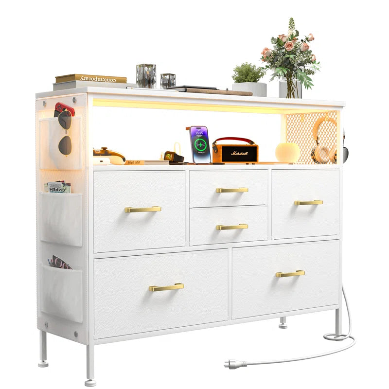 Dresser for Bedroom White TV Stand with Power Outlets and LED Light Fabric 6 Drawer Dresser Erville