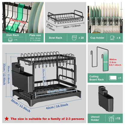 2-Tier Dish Drying Rack, Dish Drying Organiser with Drainboard, Kitchen Accessories Modern Trendy Detachable Dish Drainer Organizer, Home Space Saver, Kitchen Cutlery Room Organizer