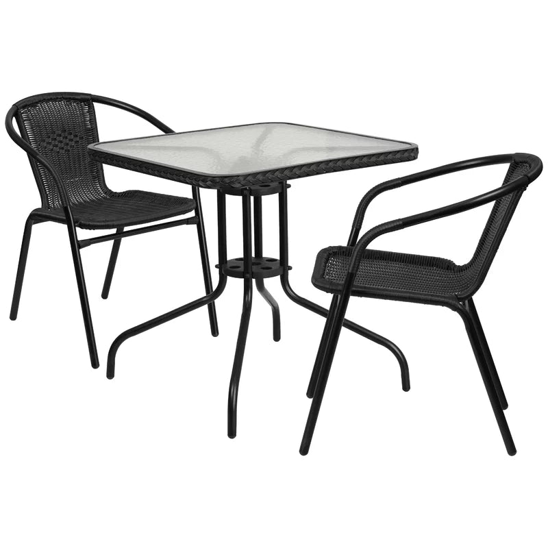 Amlie 28'' Square Glass Metal Table with Rattan Edging and 2 Rattan Stack Chairs