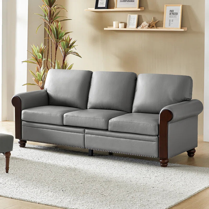 Atthia 81" Vegan Leather Sofa with Wooden Decoration Rolled Arms