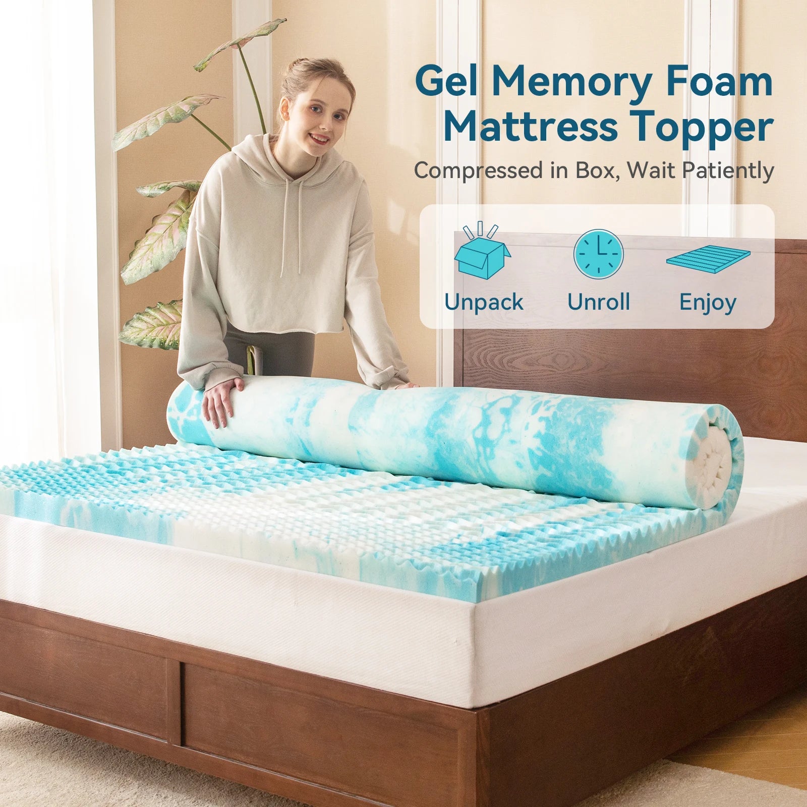 Mattress Topper, 5-Zone Memory Foam Mattress Topper, Cooling Gel Mattress Topper, Topper for Pressure Relieve, Blue