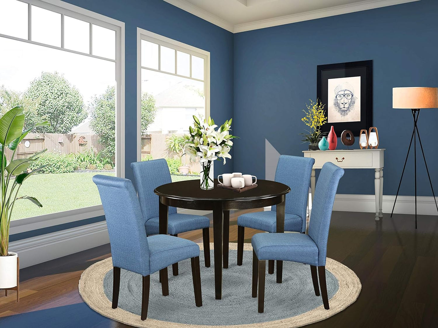 BOBA5-CAP-21 Boston 5 Piece Kitchen Set Includes a round Dining Room Table and 4 Blue Color Linen Fabric Parsons Dinette Chairs, Cappuccino, 42X42 Inch