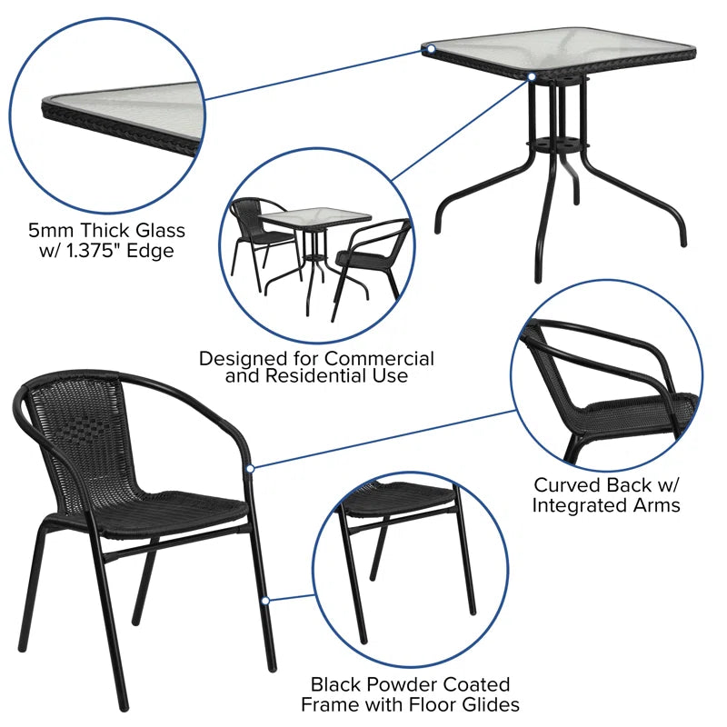 Amlie 28'' Square Glass Metal Table with Rattan Edging and 2 Rattan Stack Chairs