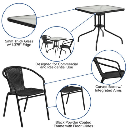 Amlie 28'' Square Glass Metal Table with Rattan Edging and 2 Rattan Stack Chairs