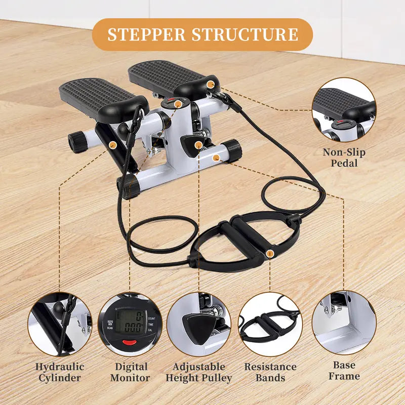 Mini Steppers for Exercise, Stair Stepper with Resistance Bands, Mini Stepper for Home and Offce Use with 220 LBS Loading Capacity, Hydraulic Fitness Stepper with LCD Monitor