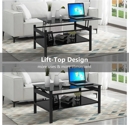 Lift Top Coffee Table,Glass Coffee Table with Storage Shelf & Metal Frame,Coffee Table Lift Top, Lift Tabletop Dining Table for Home Living Room, Office