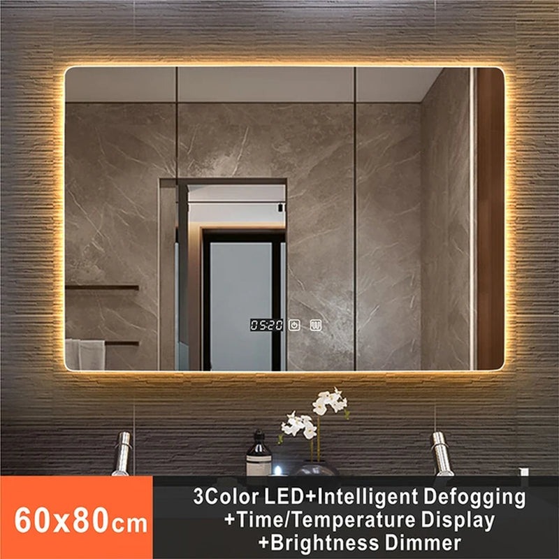 Rectangle Wall Mounted Smart Mirror in Bathroom with LED Light Time/Temperature Display Anti-Fog Touch Switch Vanity Mirrors