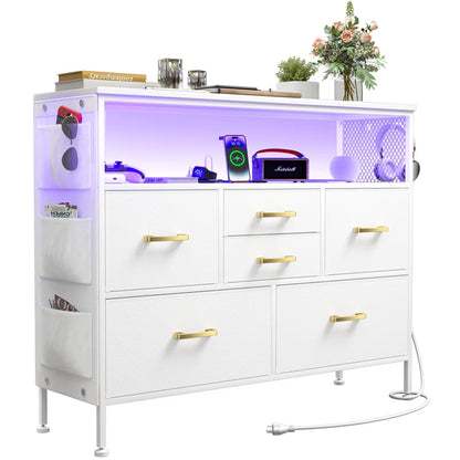 Dresser for Bedroom White TV Stand with Power Outlets and LED Light Fabric 6 Drawer Dresser Erville