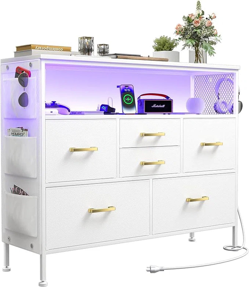 Dresser for Bedroom White TV Stand with Power Outlets and LED Light Fabric 6 Drawer Dresser Erville