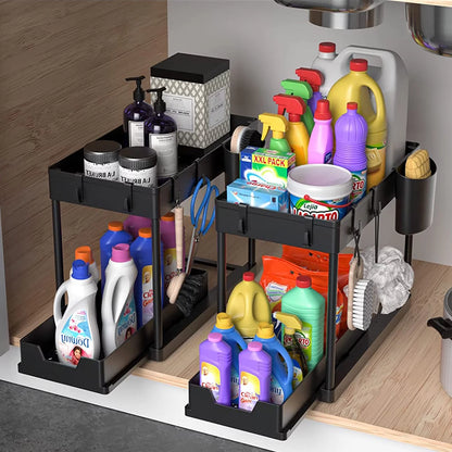 2-Pack under Sink Organizer, 2 Tier Multi-Purpose Large Capacity Kitchen under Sink Organizers and Storage Easy Access Sliding Storage Drawer with Hooks and Hanging Cup for Bathroom under Sink