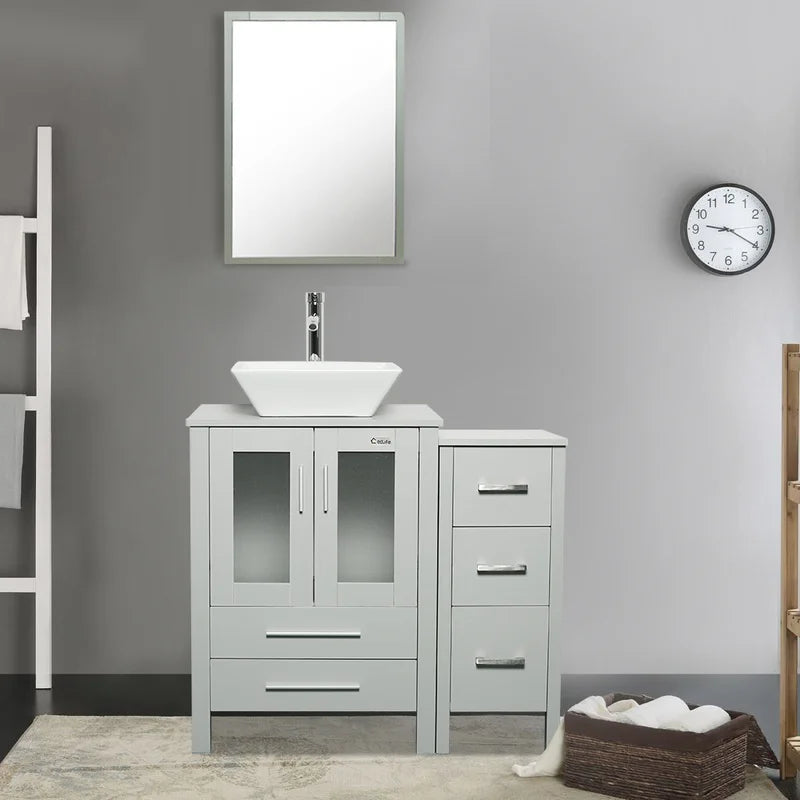 3 Combo 36'' Single Bathroom Vanity with Manufactured Wood Top with Mirror