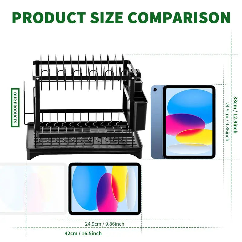 2-Tier Dish Drying Rack, Dish Drying Organiser with Drainboard, Kitchen Accessories Modern Trendy Detachable Dish Drainer Organizer, Home Space Saver, Kitchen Cutlery Room Organizer