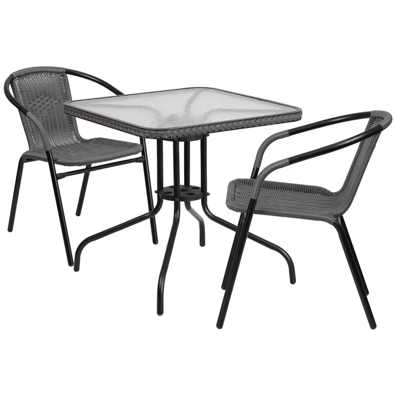 Amlie 28'' Square Glass Metal Table with Rattan Edging and 2 Rattan Stack Chairs