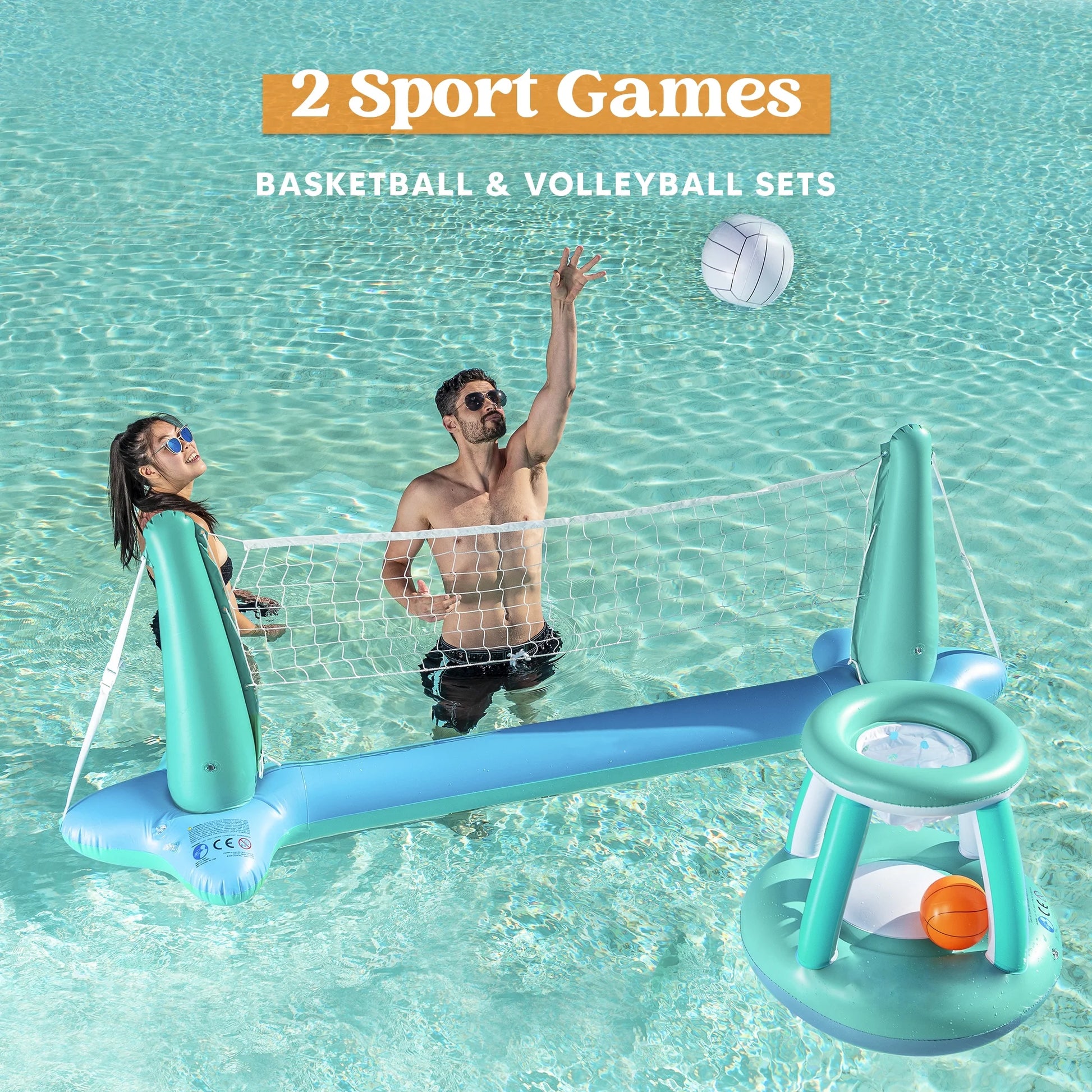 Inflatable Pool Float Game Set with Inflatable Volleyball Net & Basketball Hoops, Summer Pool Game for Kids and Adults - Blue