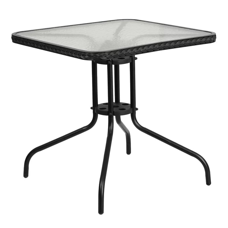 Amlie 28'' Square Glass Metal Table with Rattan Edging and 2 Rattan Stack Chairs