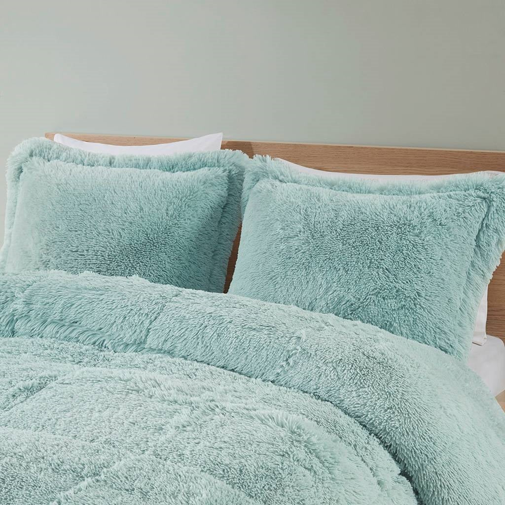 Full/Queen Soft Sherpa Faux Fur 3-Piece Comforter Set in Light Teal Blue