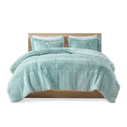 Full/Queen Soft Sherpa Faux Fur 3-Piece Comforter Set in Light Teal Blue