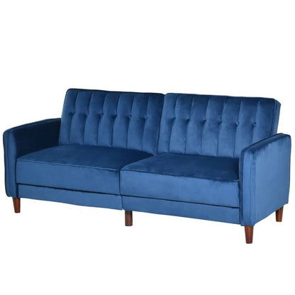 Mid-Century Modern Futon Sleeper Sofa Bed in Blue Velvet Upholstery