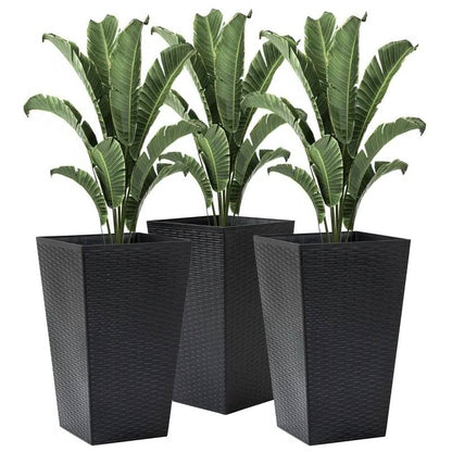 Set of 3 - Black Faux Rattan Plastic Tall Large Flower Pots