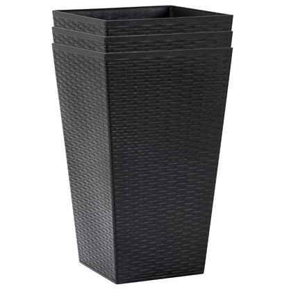 Set of 3 - Black Faux Rattan Plastic Tall Large Flower Pots