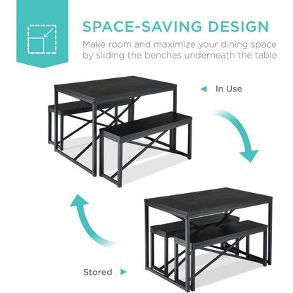 Modern 3-Piece Dining Set - Metal Frame Black Wood Top Table and 2 Bench Chairs