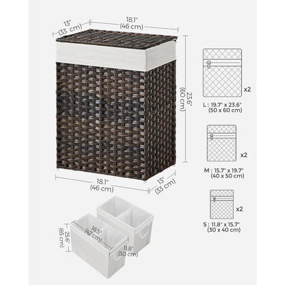 Brown PP Rattan 24-Gal Laundry Hamper Basket w/ 2-Compartment Washable Liner Bag