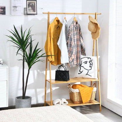 Entryway Bedroom Wood Garment Clothes Hanging Rack with 2 Bottom Storage Shelves