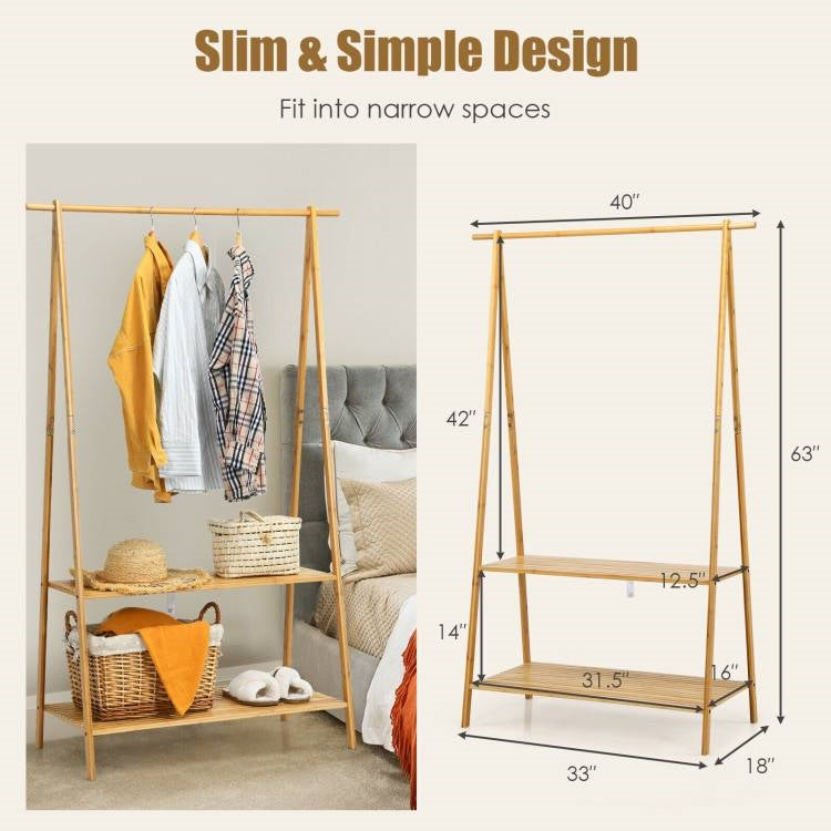 Entryway Bedroom Wood Garment Clothes Hanging Rack with 2 Bottom Storage Shelves