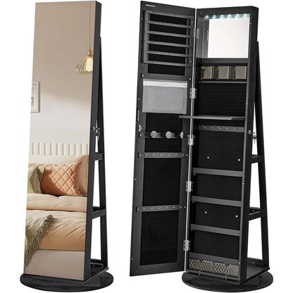 Black Wood Jewelry Cabinet Armoire Organizer Freestanding Rotating Mirror