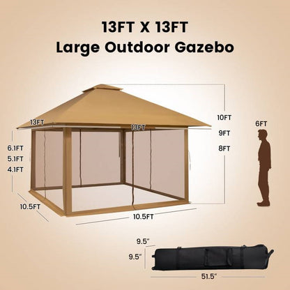 Brown 13 x 13 Ft Pop-Up Gazebo Outdoor Canopy w/ Mesh Mosquito Netting Sidewalls