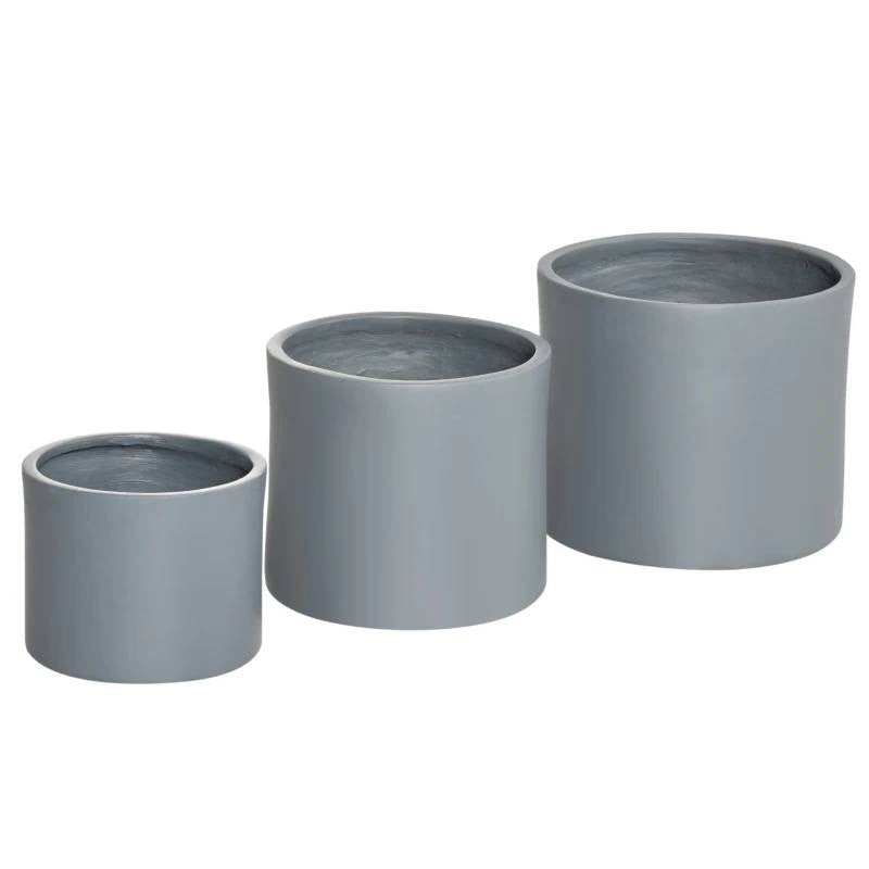 Set of 3 Stackable Round Outdoor Flower Pot Planters with Drainage Holes in Grey