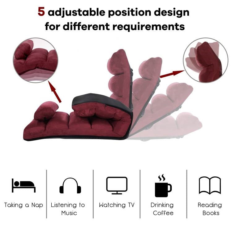 Folding Multi-Position Sofa Bed Lounger Chair with Massage Pillow in Dark Red