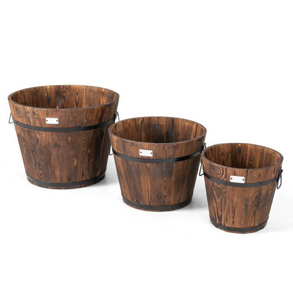 Set of 3 Outdoor Wooden Barrel Planter Pots with Handles 11.5, 15, and 18 inch