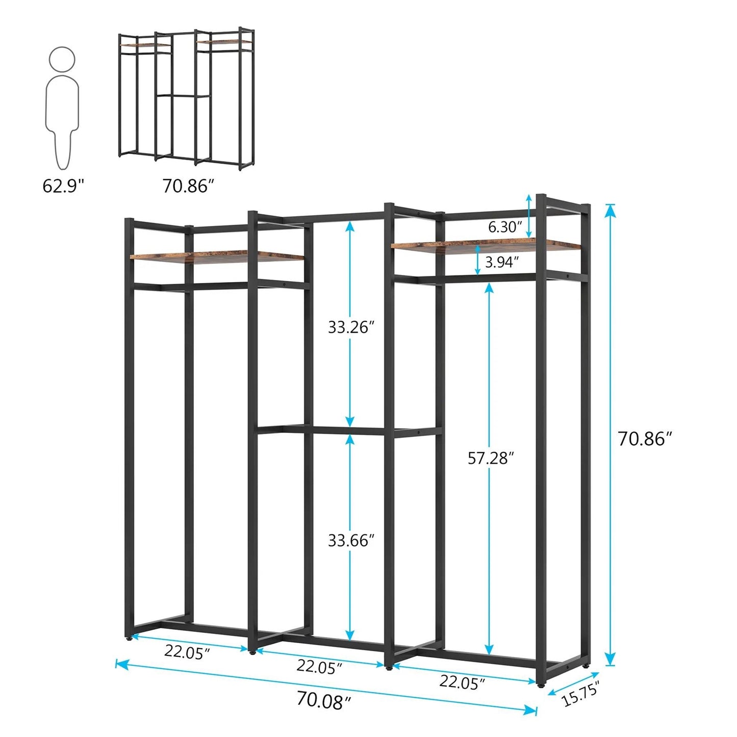 Black Metal Garment Rack with 4 Clothes Hanging Rods and 2 Wood Storage Shelves