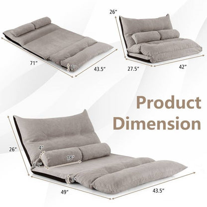 Modern Adjustable Floor Lounger Chair Sofa Bed with 2 Pillows in Grey