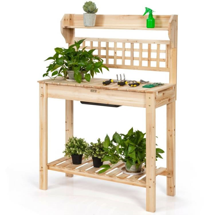 Solid Wood Garden Potting Bench Table with Bottom Shelf and Removeable Sink