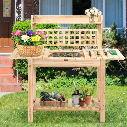 Solid Wood Garden Potting Bench Table with Bottom Shelf and Removeable Sink