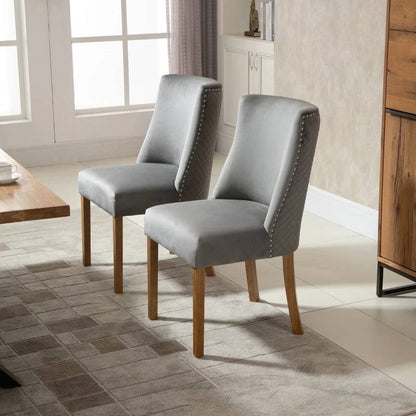 Set of 2 Modern Nailhead Diamond Stitch Upholstered Dining Chairs in Light Grey