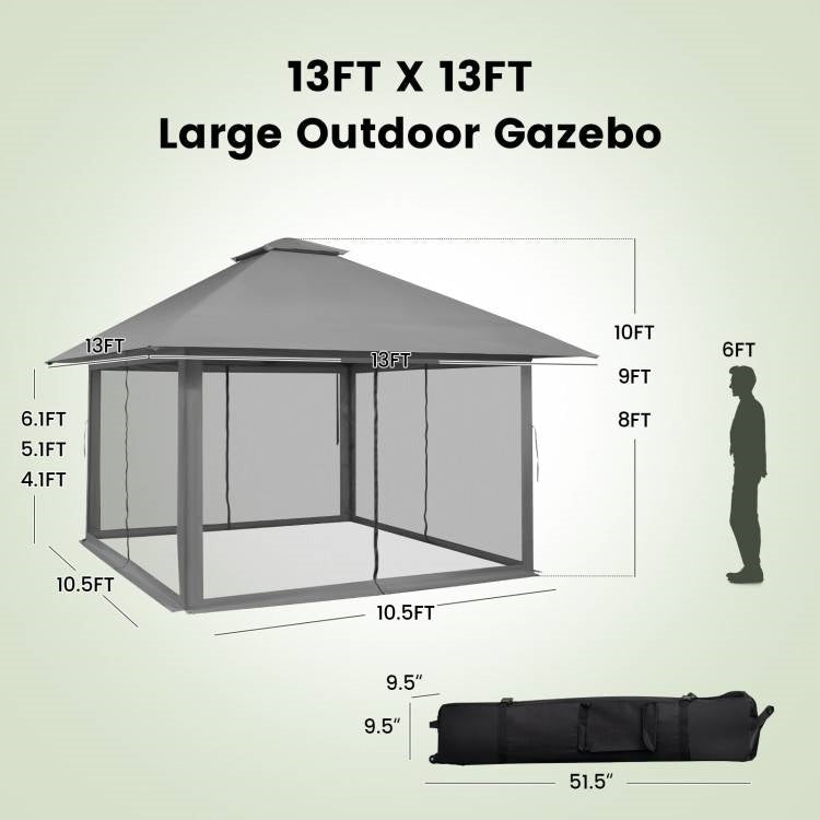 Grey 13 x 13 Ft Pop-Up Gazebo Outdoor Canopy w/ Mesh Mosquito Netting Sidewalls