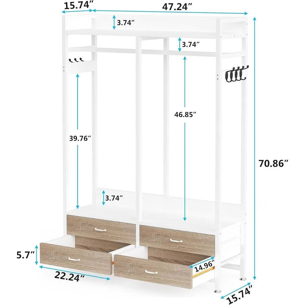 Freestanding White Oak Garment Rack Clothes Hanging Rod with 4 Storage Drawers