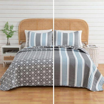 King 3 Piece Coastal Starfish Sand Dollar Grey Blue White Nautical Quilt Set