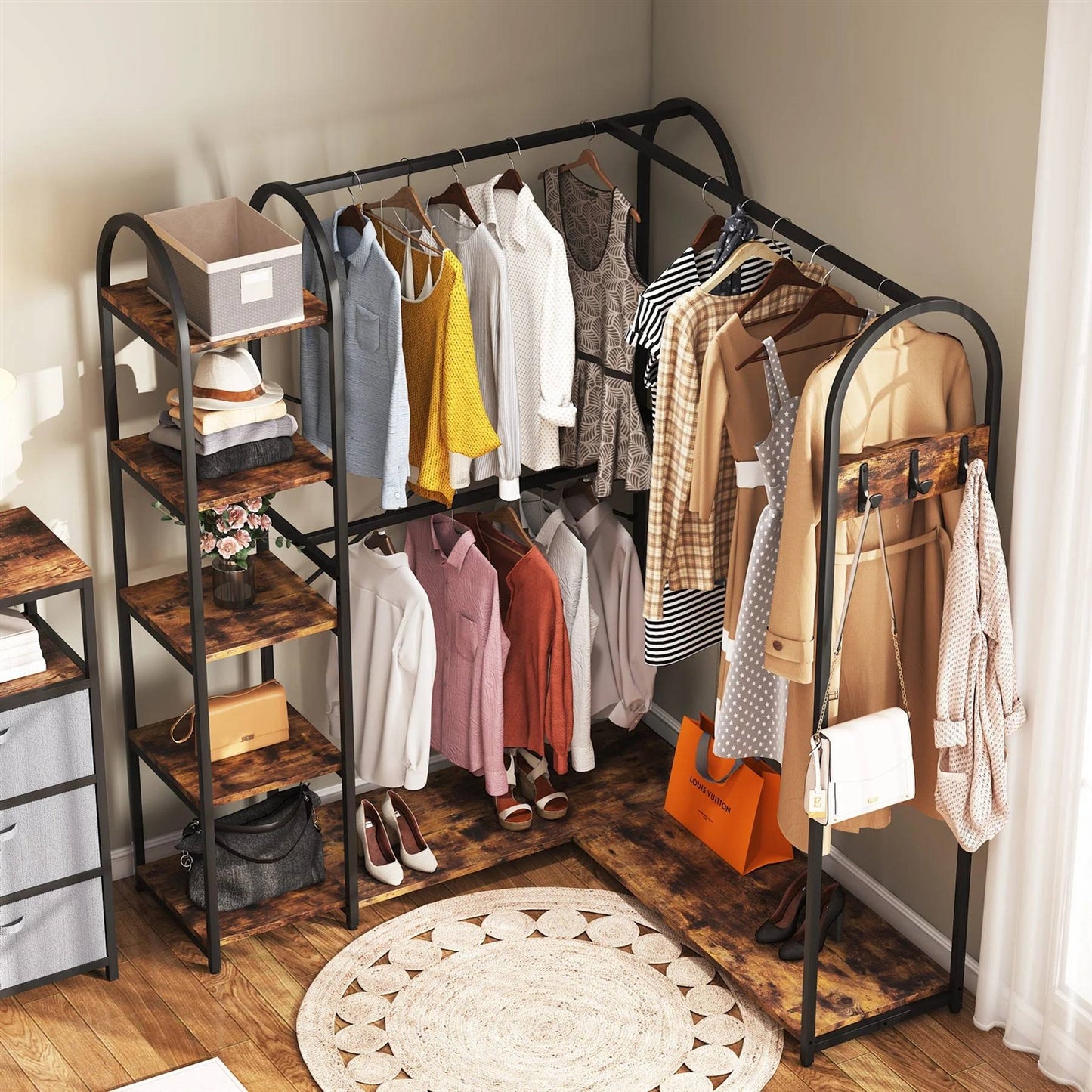 Corner L-Shaped Garment Rack with Clothing Hanging Rods and Storage Shelves