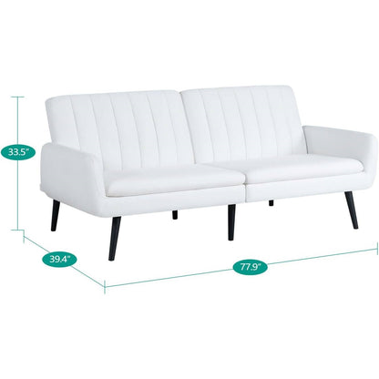 Modern Mid-Century  Futon Sleeper Sofa Bed in White Linen Fabric