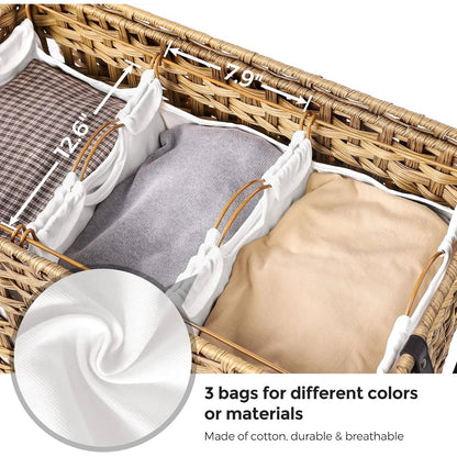 Tan PP Rattan 3-Basket Laundry Hamper Sorter Cart with Removable Cotton Bags